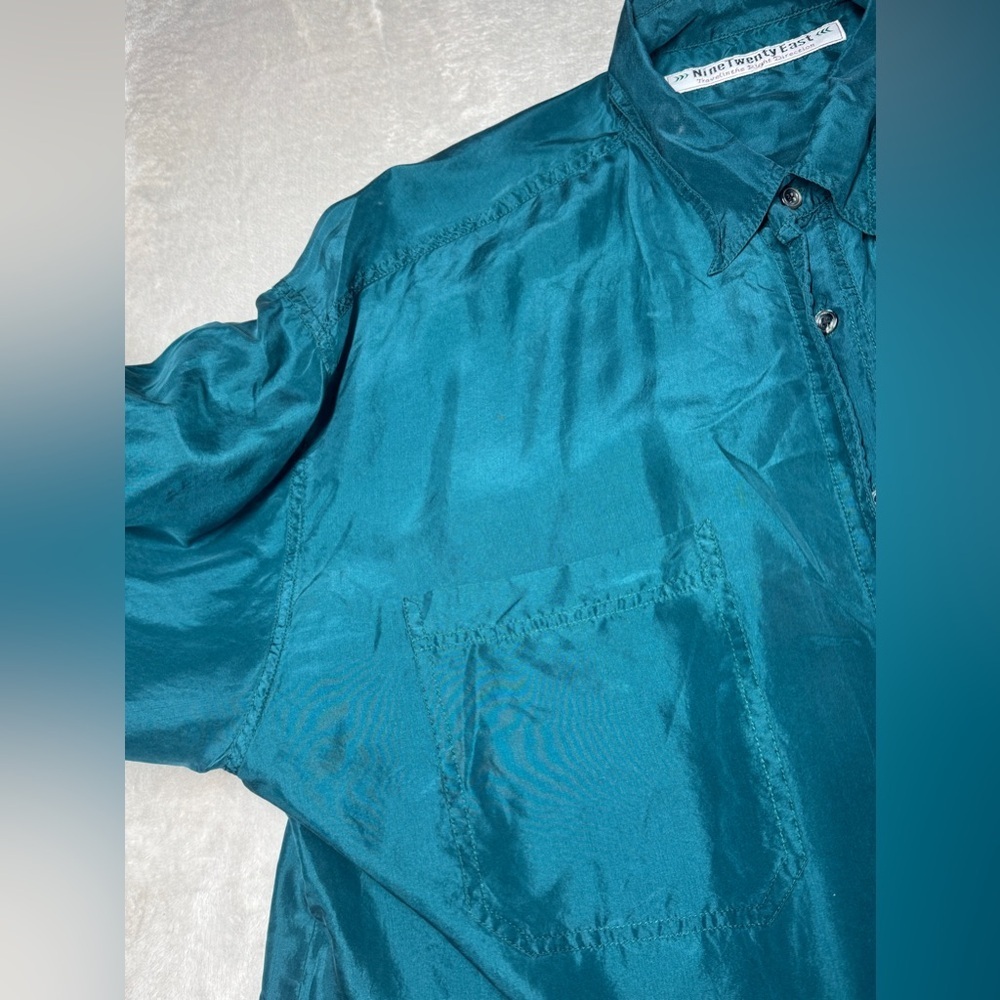 Men’s 100% Silk Nine Twenty East Lightweight Button Front Collared Teal Shirt  L - Picture 2 of 16